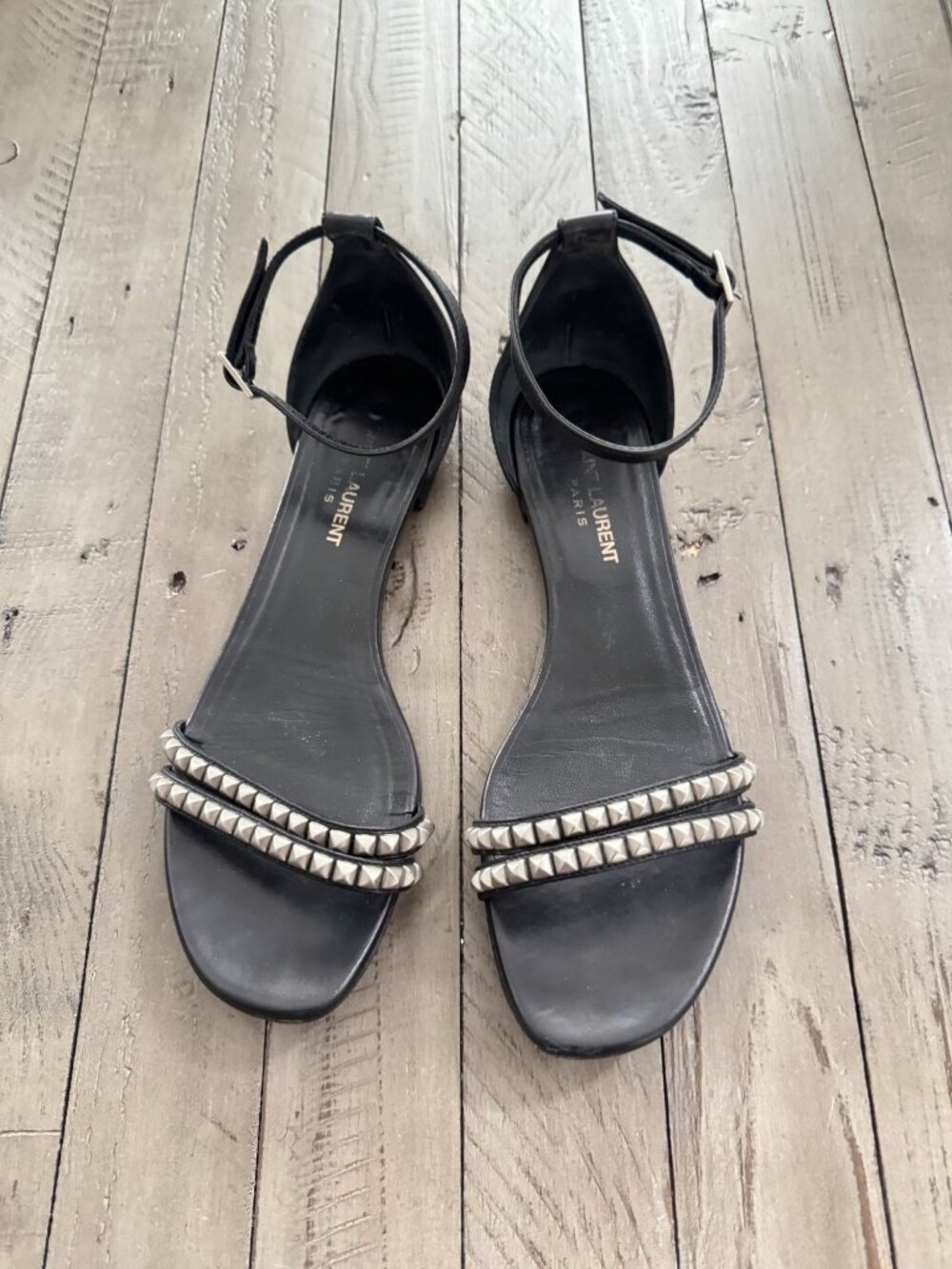 Saint Laurent Black Leather Ankle-Strap Sandals with Silver Studs - Picture 4 of 8